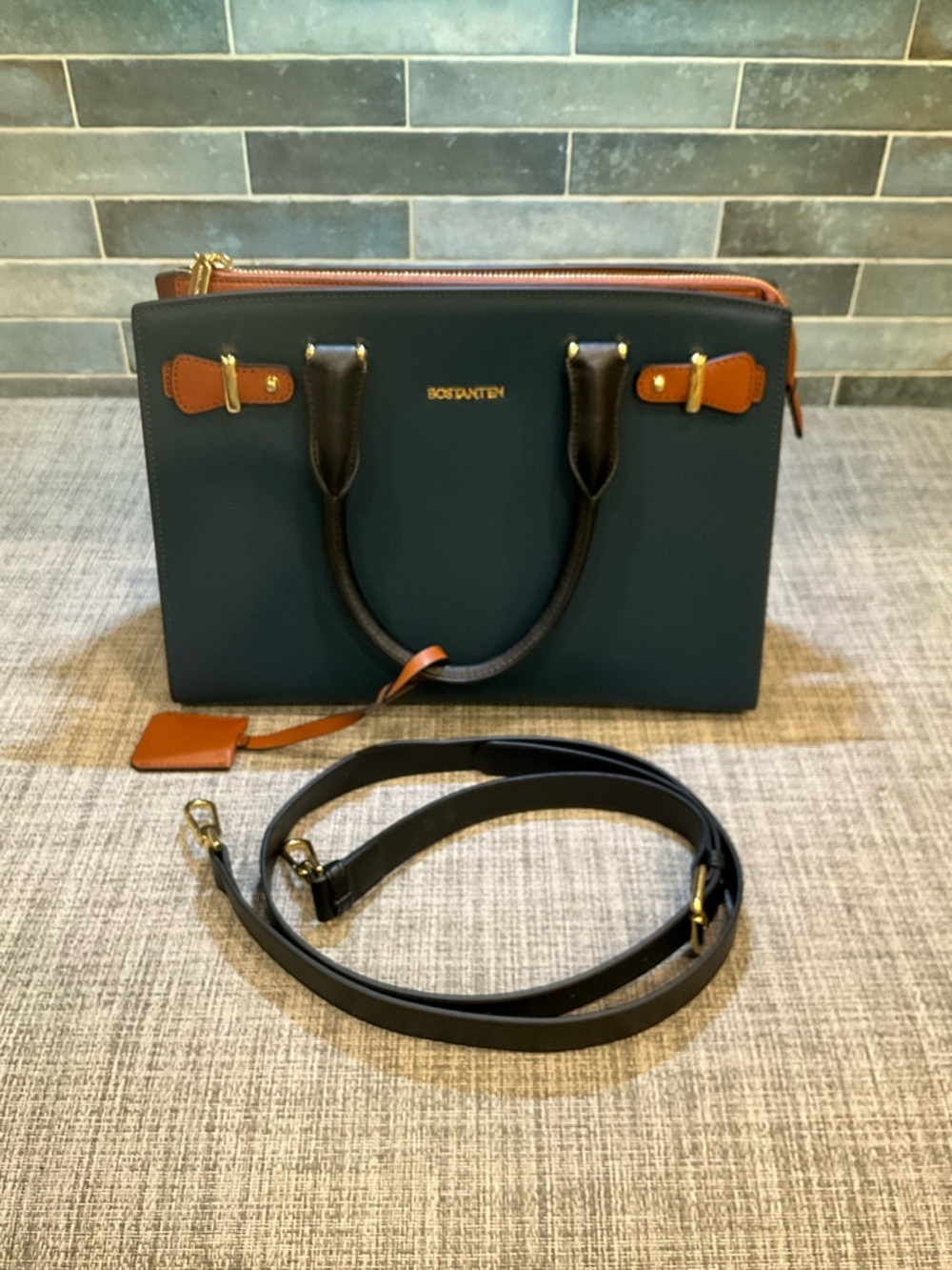 BOSTANTEN Navy and Brown Leather Satchel - Picture 12 of 14
